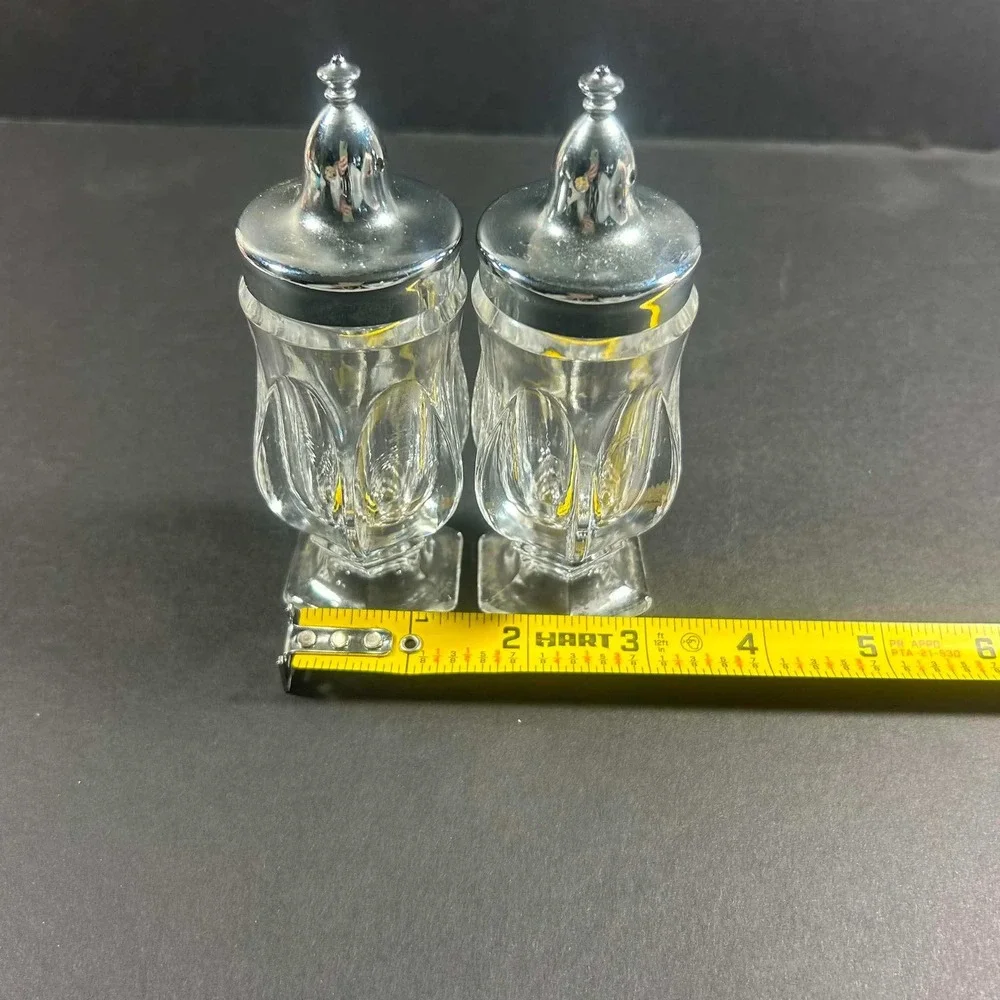 Vintage Fostoria Crystal Revere Footed Metal Lid Salt and Pepper Shaker Set